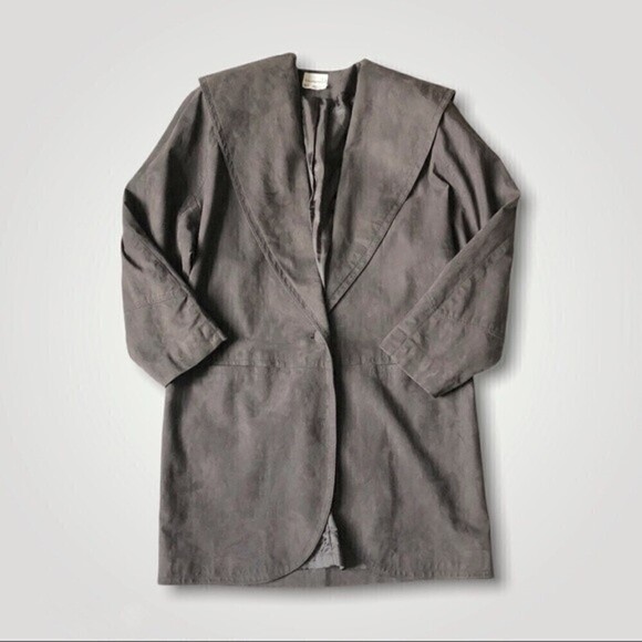 80s Vintage Faux Suede Cocoon Coat 1 Button Oversized Shawl Collar Slate Gray - Picture 2 of 12